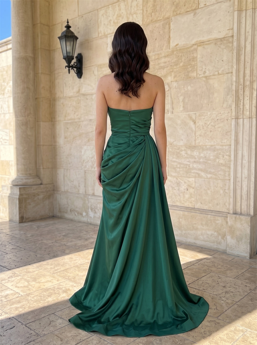 Strapless Sweetheart Beaded Bodice Satin Prom Dress Draped Ruched High Slit Mermaid Long Formal Evening Dress