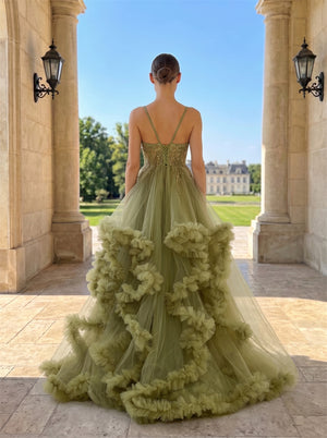 Spaghetti Strap Gold Beaded Sweetheart Tulle Prom Dress 3D Ruffle Tiered Skirt Lace Up Back Voluminous A Line Formal Evening Dress