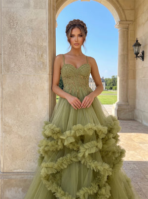 Spaghetti Strap Gold Beaded Sweetheart Tulle Prom Dress 3D Ruffle Tiered Skirt Lace Up Back Voluminous A Line Formal Evening Dress