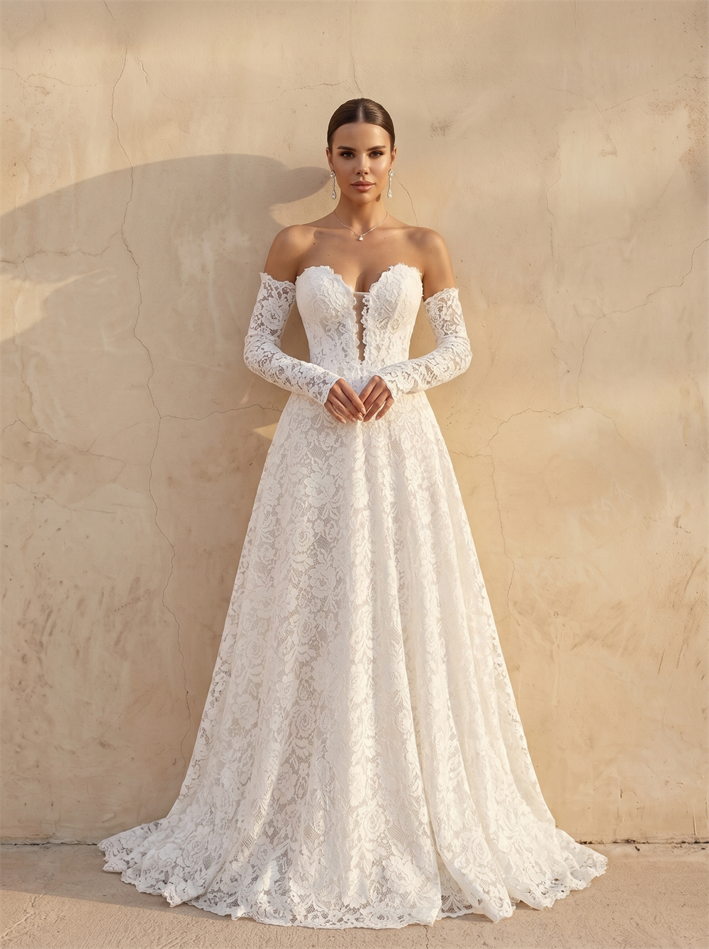 Off Shoulder Sweetheart Full Lace Long Sleeve A Line Wedding Dress Corset Lace Up Back Chapel Train Modest Bridal Dress
