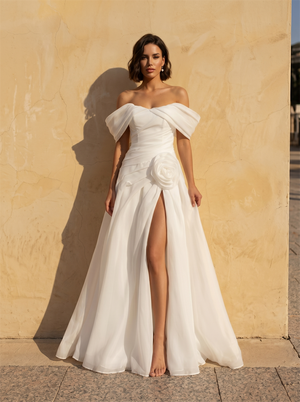 Off Shoulder Draped Organza A Line Wedding Dress 3D Floral Applique High Slit Lace Up Back Floor Length Bridal Dress