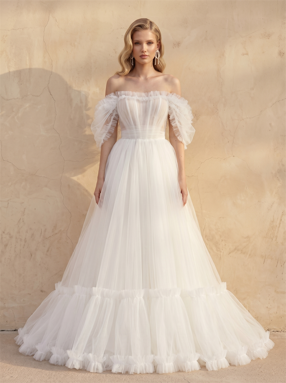 Off Shoulder Ruffled Puff Tulle A Line Wedding Dress Sheer Corset Bodice Tiered Ruffle Skirt Lace-Up Back Romantic Bridal Dress