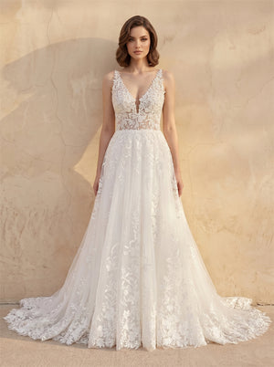 Deep V Sleeveless Floral Lace Tulle A Line Wedding Dress Luxurious Long Train Bridal Dress