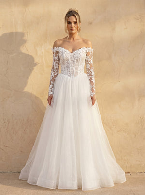 Off Shoulder Long Sleeve 3D Floral Lace Corset Wedding Dress Sparkle Tulle A Line Romantic Bridal Dress