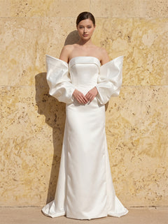 Strapless Off Shoulder Oversized Puff Sleeve Satin Mermaid Wedding Dress Back Big Bow Luxury Fitted Bridal Dress