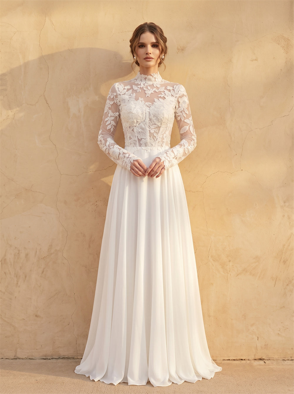 High Neck Long Sleeve Floral Lace Chiffon A Line Wedding Dress Sheer Button Back Modest Flowy Bridal Dress