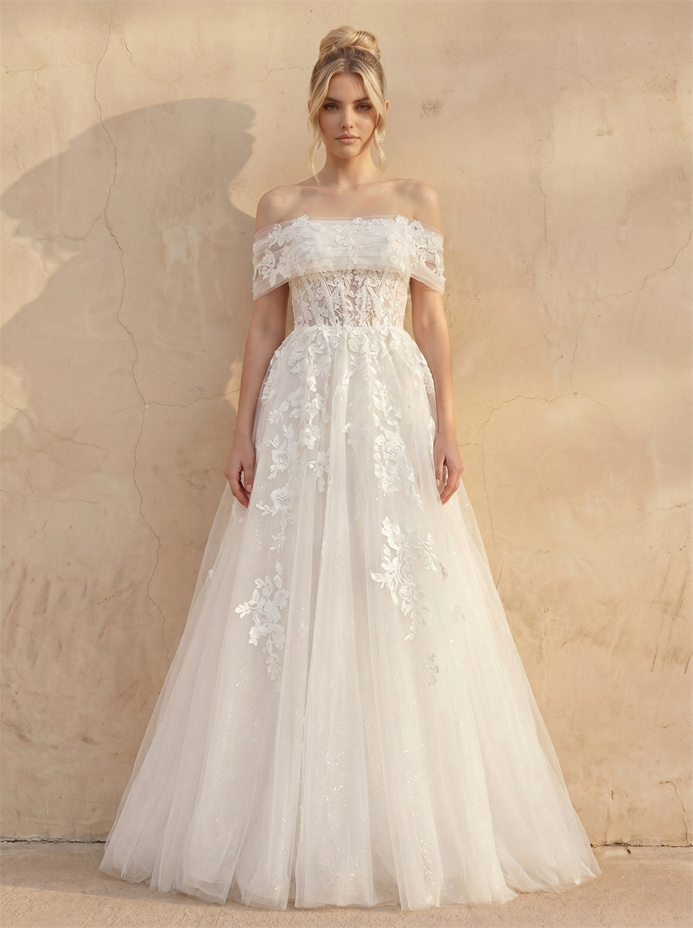 Off Shoulder Floral Lace Corset Sparkle Tulle A Line Wedding Dress Sheer Button Back Romantic Long Train Bridal Dress