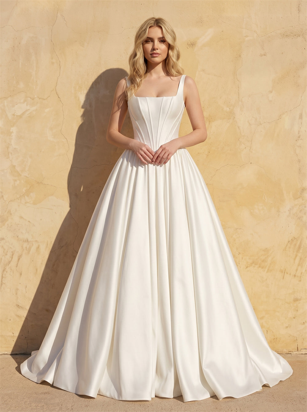 Square Neck Wide Strap Structured Corset Satin Ball Gown Wedding Dress Minimalist Voluminous A Line Bridal Dress