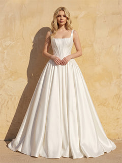 Square Neck Wide Strap Structured Corset Satin Ball Gown Wedding Dress Minimalist Voluminous A Line Bridal Dress