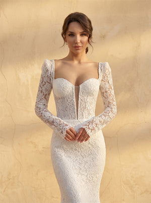 Long Sleeve Sweetheart Deep Plunge Full Lace Mermaid Wedding Dress Elegant Fitted Long Train Bridal Dress