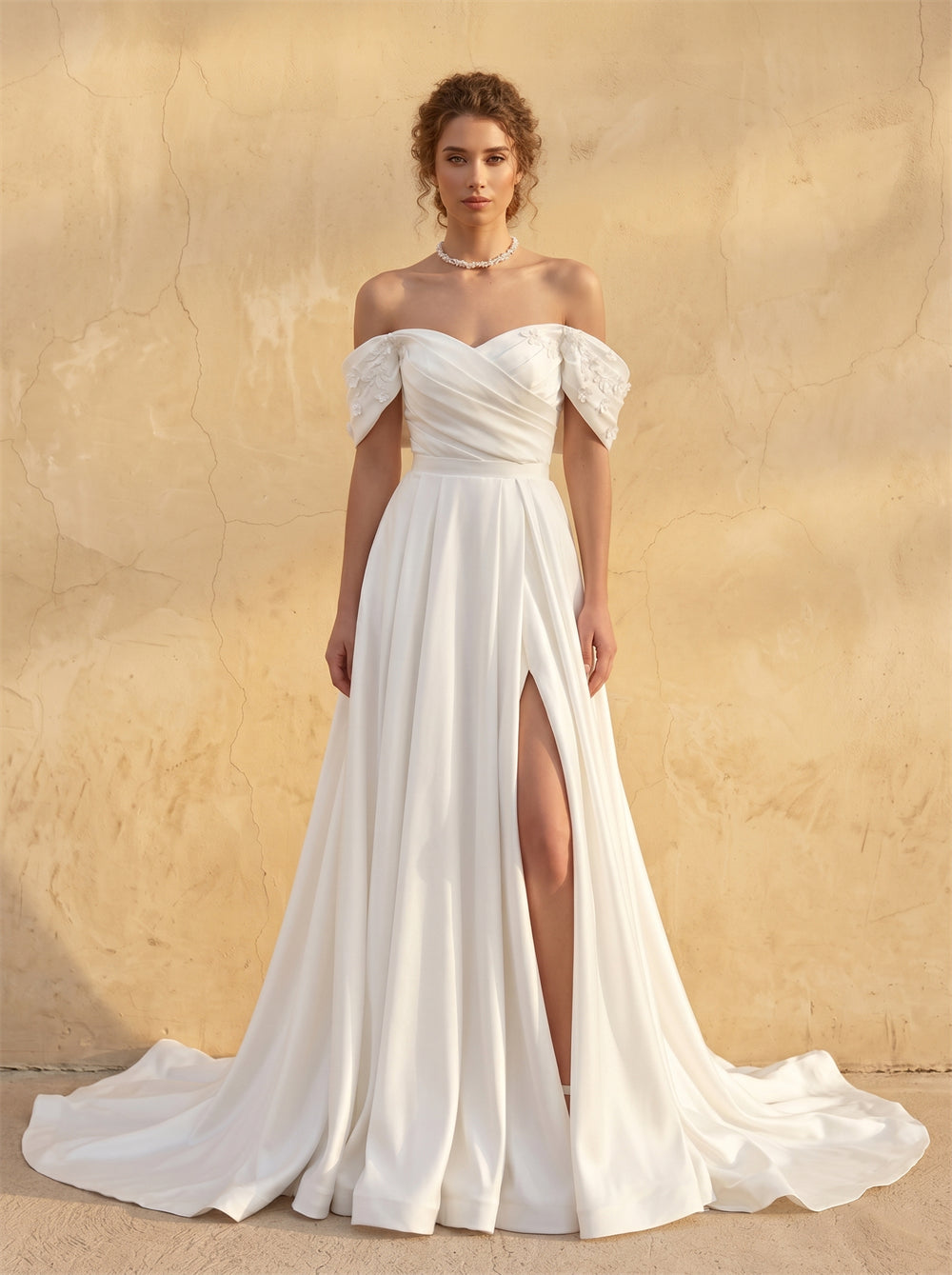 Off Shoulder Sweetheart Pleated Satin Wedding Dress Floral Appliques High Slit A Line Long Train Bridal Dress