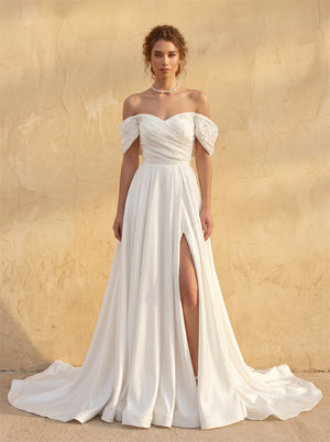 Off Shoulder Sweetheart Pleated Satin Wedding Dress Floral Appliques High Slit A Line Long Train Bridal Dress