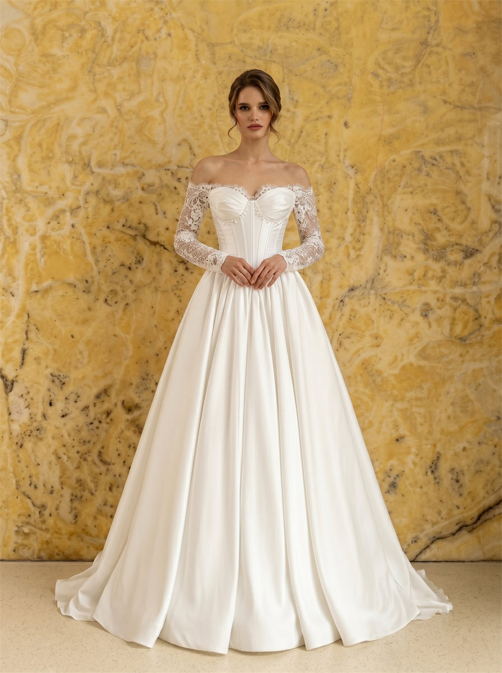 Off Shoulder Long Lace Sleeve Sweetheart Corset Satin Ball Gown Wedding Dress Lace Up Back Classic Princess Bridal Dress