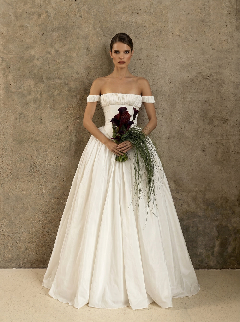 Off Shoulder Ruched Tube Top Satin Ball Gown Wedding Dress Sweetheart Button Back Classic Voluminous Bridal Dress