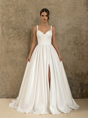 Thick Strap Sweetheart Corset Satin Wedding Dress High Slit A Line Button Back Minimalist Luxury Bridal Dress