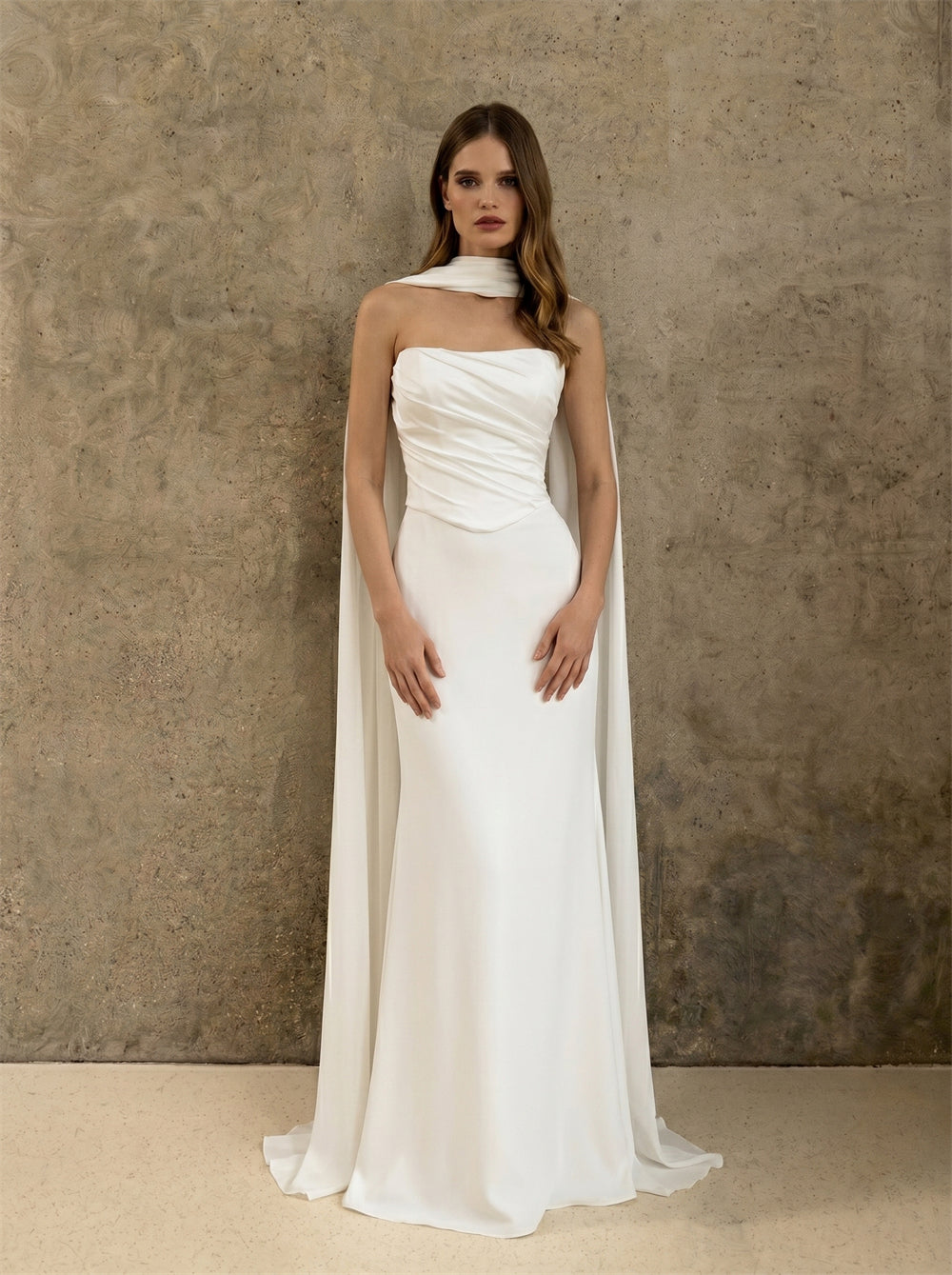 Strapless Draped Satin Mermaid Wedding Dress With Detachable Cape Shoulder Cloak Pearl Button Back Modern Minimalist Bridal Dress