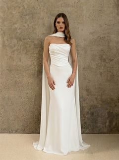 Strapless Draped Satin Mermaid Wedding Dress With Detachable Cape Shoulder Cloak Pearl Button Back Modern Minimalist Bridal Dress