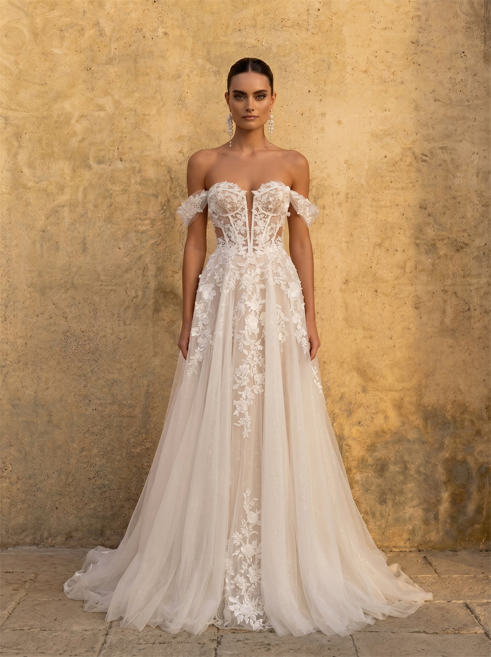 Off Shoulder Plunge V Sheer Corset Floral Lace Glitter Tulle Wedding Dress Low Open Back Lace Up A Line Long Train Romantic Bridal Dress