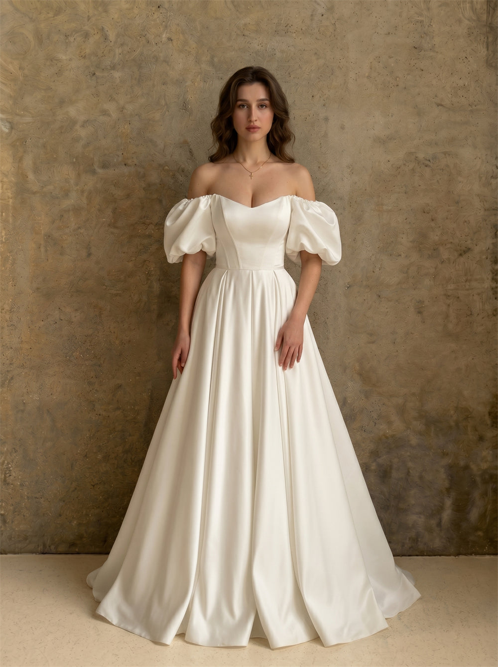 Off Shoulder Sweetheart Puff Short Sleeve Satin Wedding Dress Corset Lace Up Back Voluminous A Line Long Train Classic Bridal Dress