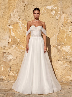 Off Shoulder Sweetheart Beaded Corset Glitter Tulle Wedding Dress Lace Up Back Flowy A Line Romantic Long Train Bridal Dress
