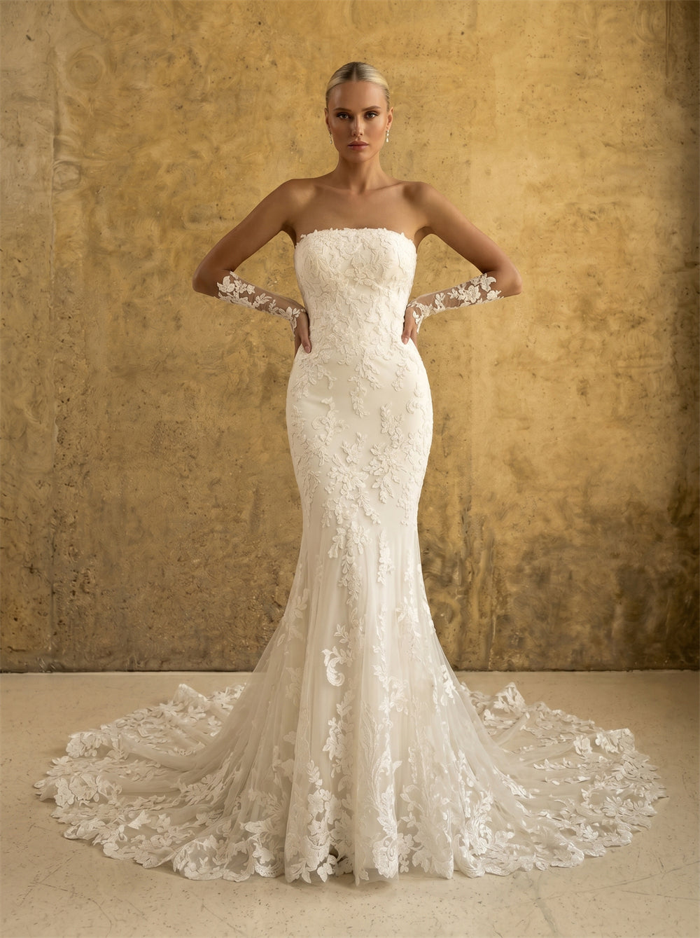Strapless Floral Lace Mermaid Wedding Dress Detachable Long Lace Gloves Sheer Illusion Low Back Pearl Button Scalloped Train Luxury Bridal Dress