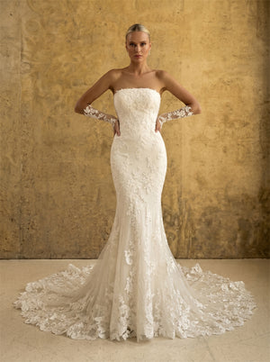 Strapless Floral Lace Mermaid Wedding Dress Detachable Long Lace Gloves Sheer Illusion Low Back Pearl Button Scalloped Train Luxury Bridal Dress