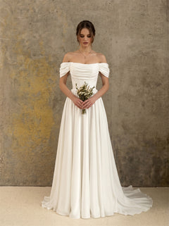 Off Shoulder Ruched Bodice Corset Chiffon Wedding Dress Lace Up Back Flowy A Line Long Train Minimalist Elegant Bridal Dress