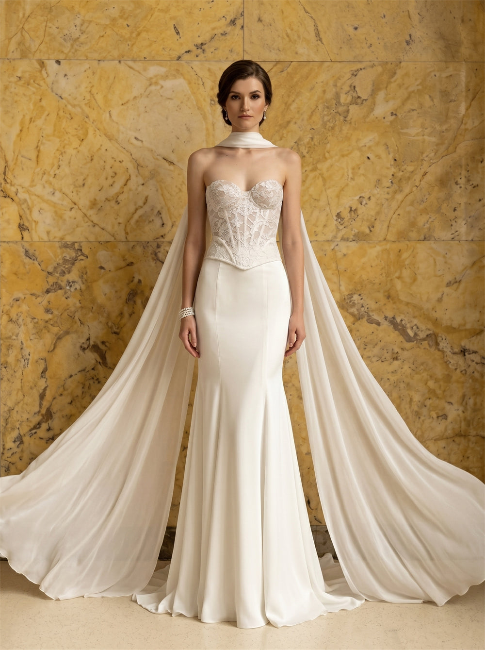 Sweetheart Lace Corset Mermaid Satin Wedding Dress Detachable Long Chiffon Cape Cloak Lace Up Low Back Bridal Dress