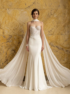 Sweetheart Lace Corset Mermaid Satin Wedding Dress Detachable Long Chiffon Cape Cloak Lace Up Low Back Bridal Dress