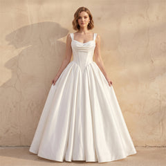 Wide Strap Cowl Neck Corset Lace Up Back A Line Satin Wedding Dress Bridal Dress