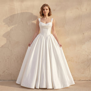 Wide Strap Cowl Neck Corset Lace Up Back A Line Satin Wedding Dress Bridal Dress