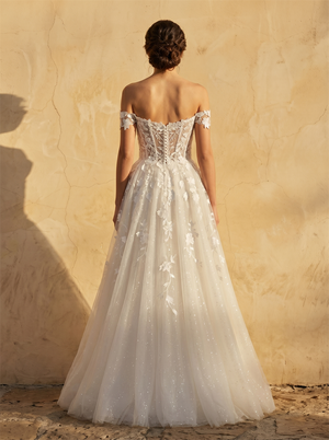 Off Shoulder Sweetheart Floral Lace Sparkle Tulle A Line Wedding Dress Sheer Button Back Floor Length Bridal Dress