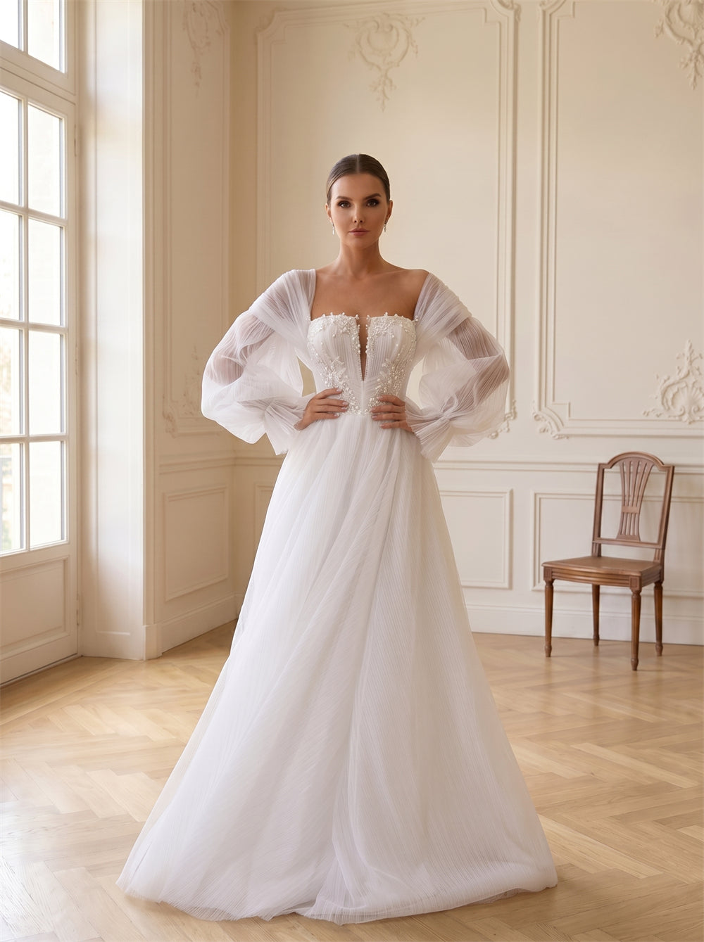 Off-The-Shoulder Sheer Pleated Tulle Puff Sleeve Wedding Dress Beaded Bodice Deep V Back Formal Bridal Dress