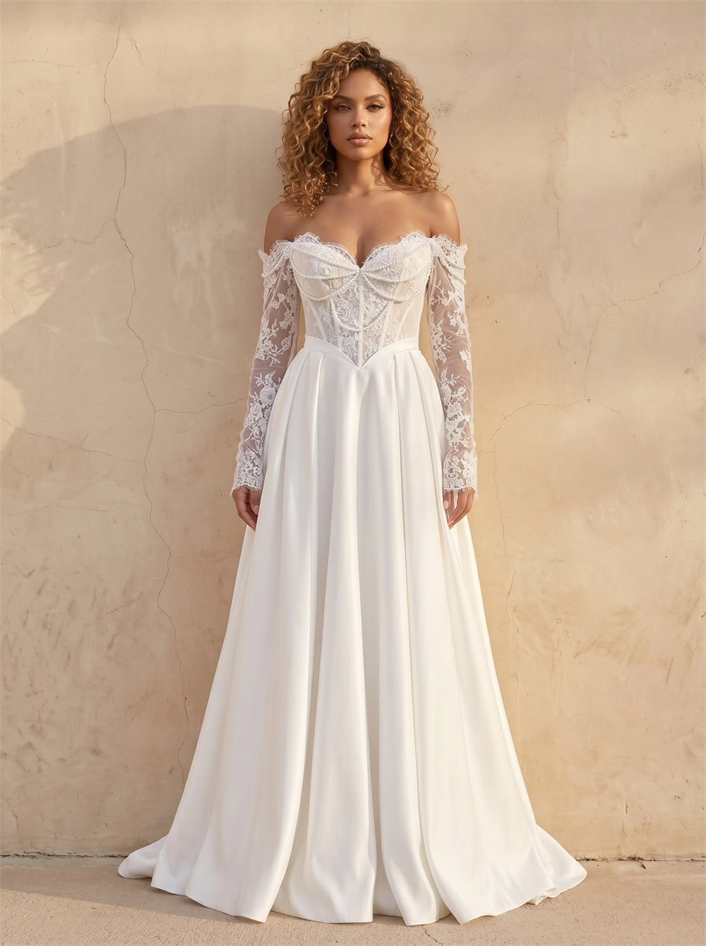 Off Shoulder Long Sleeve Lace Corset Wedding Dress Elegant Satin A Line Flowy Bridal Dress With Pearl Detail