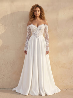 Off Shoulder Long Sleeve Lace Corset Wedding Dress Elegant Satin A Line Flowy Bridal Dress With Pearl Detail