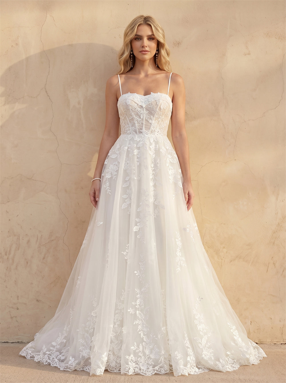 Thin Spaghetti Strap Sweetheart Corset Lace Tulle A Line Wedding Dress Romantic Floral Appliques Bridal Dress