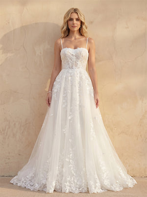 Thin Spaghetti Strap Sweetheart Corset Lace Tulle A Line Wedding Dress Romantic Floral Appliques Bridal Dress