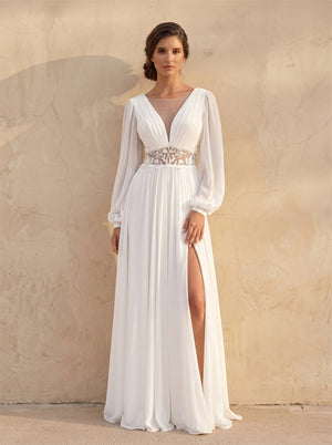 Deep V Puff Long Sleeve Chiffon Wedding Dress Lace Waist High Slit Flowy A Line Bridal Dress
