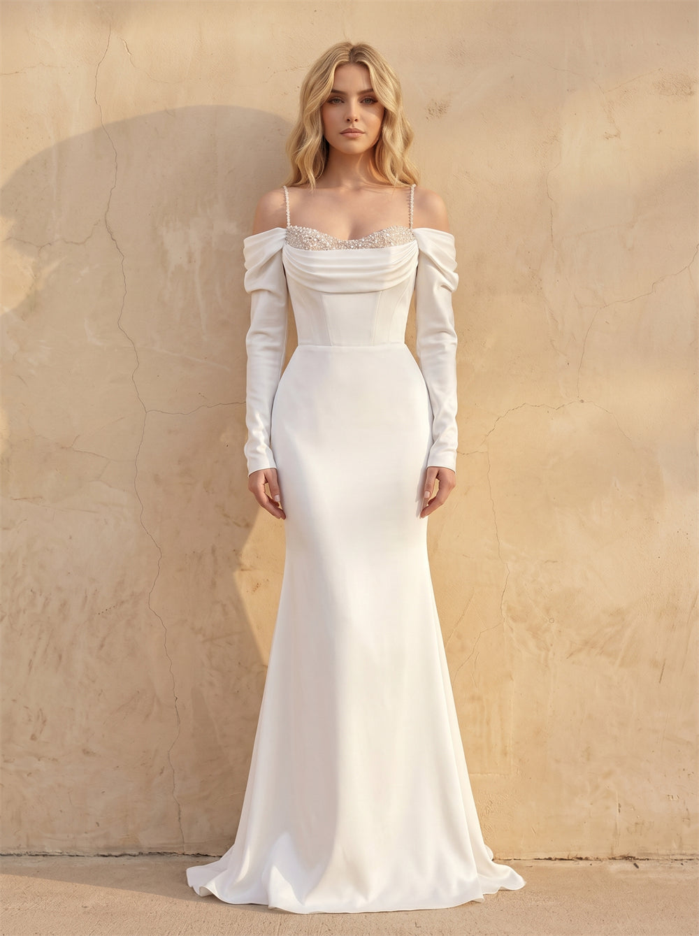 Off Shoulder Draped Beaded Spaghetti Strap Long Sleeve Satin Mermaid Wedding Dress Fitted Elegant Bridal Dress