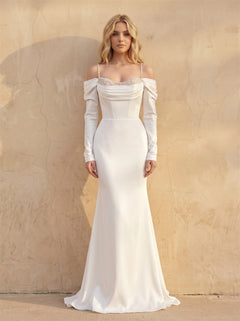 Off Shoulder Draped Beaded Spaghetti Strap Long Sleeve Satin Mermaid Wedding Dress Fitted Elegant Bridal Dress