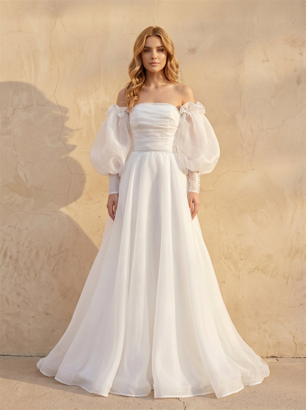 Strapless Off Shoulder Puff Organza Sleeve Beaded Chiffon Wedding Dress Corset Lace Up Back Flowy A Line Bridal Dress