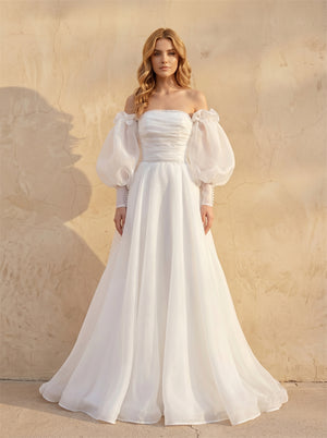 Strapless Off Shoulder Puff Organza Sleeve Beaded Chiffon Wedding Dress Corset Lace Up Back Flowy A Line Bridal Dress
