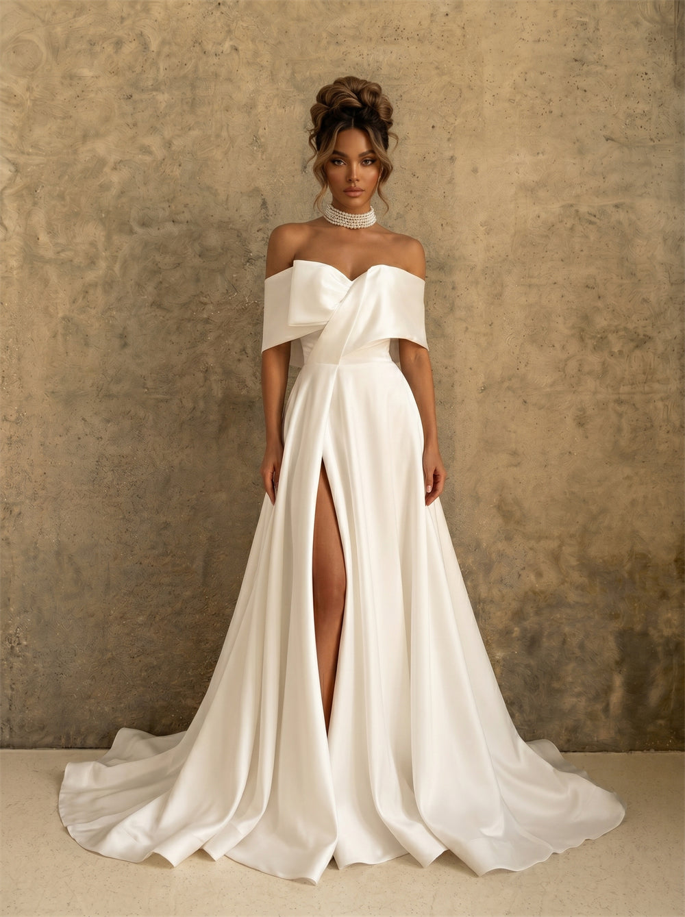 Off Shoulder Fold Collar Satin Wedding Dress Front High Slit Elegant A Line Long Train Minimalist Bridal Dress