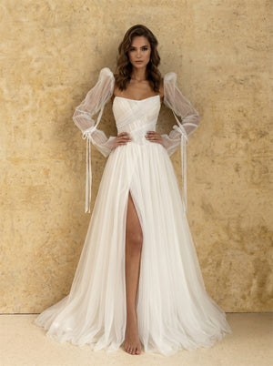 Strapless Beaded Pleated Tulle Wedding Dress Puff Long Sleeve Bow Cuff High Slit A Line Back Zip Romantic Bridal Dress