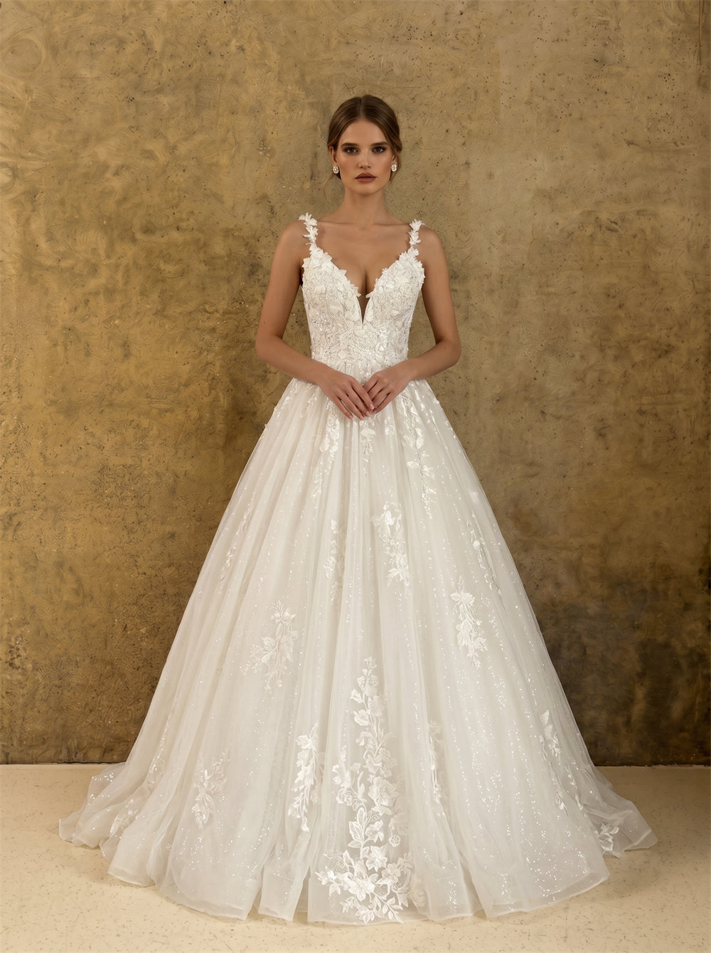 Plunging V Neck 3D Floral Lace Glitter Tulle Ball Gown Wedding Dress Deep V Low Back Button Closure Princess Bridal Dress