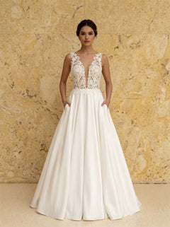 Plunge V Neck Lace Bodice Satin A Line Wedding Dress Sheer Illusion Low Back Pearl Buttons With Side Pockets Elegant Bridal Dress