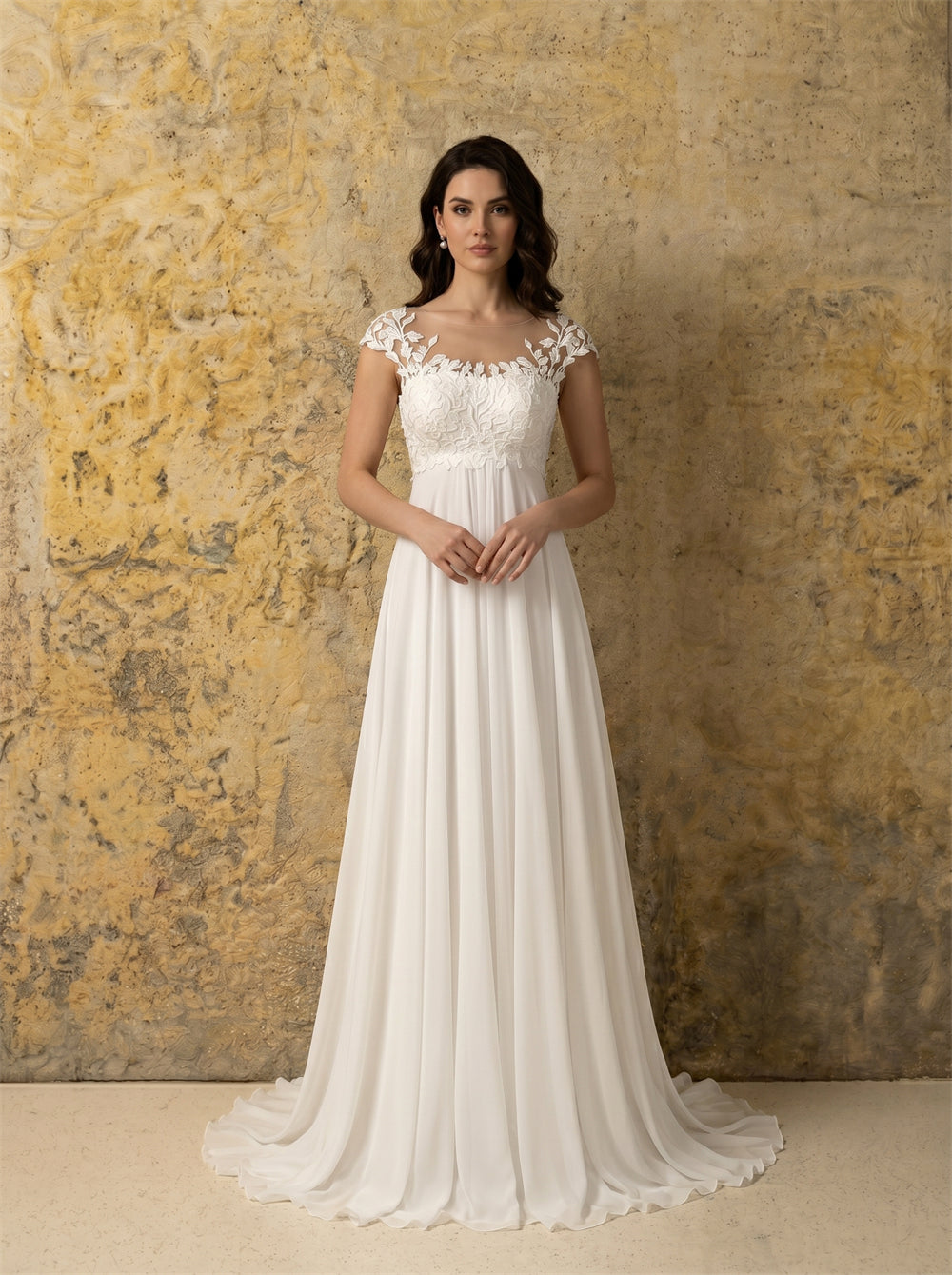 Cap Sleeve Leaf Lace Illusion Neck Empire Waist Chiffon Wedding Dress Sheer Illusion Back Pearl Button Elegant Flowy Bridal Dress