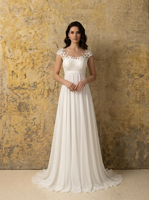 Cap Sleeve Leaf Lace Illusion Neck Empire Waist Chiffon Wedding Dress Sheer Illusion Back Pearl Button Elegant Flowy Bridal Dress