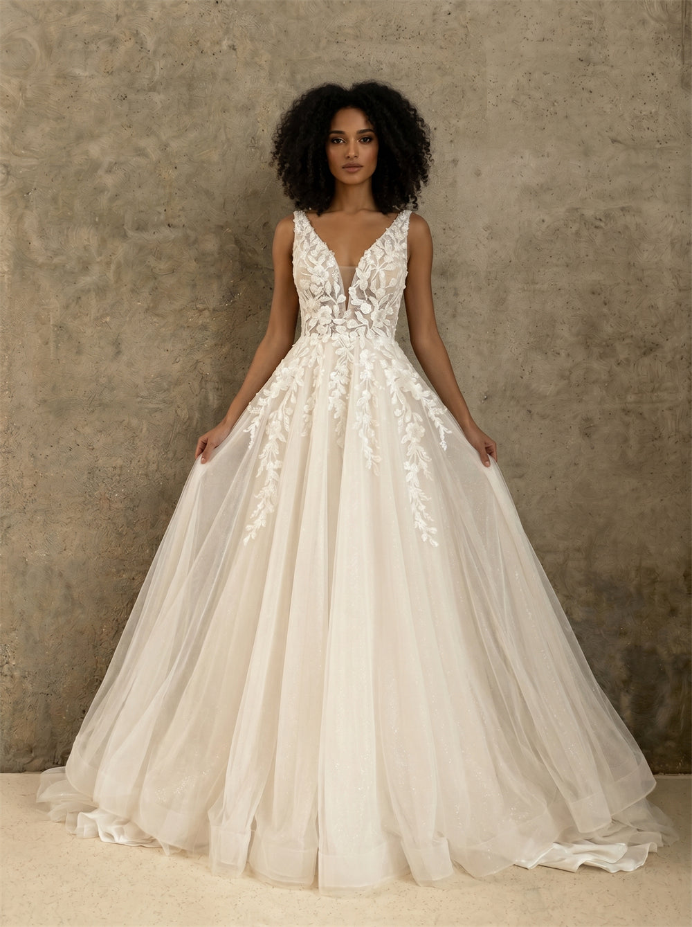 Deep V Neck Sleeveless 3D Leaf Lace Glitter Tulle A Line Wedding Dress Deep V Low Back Romantic Voluminous Long Train Bridal Dress