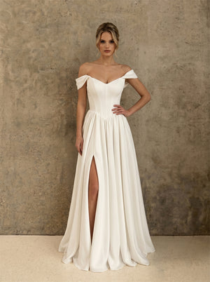 Off Shoulder Sweetheart Corset Satin Wedding Dress High Leg Slit Lace Up Back Flowy A Line Minimalist Elegant Bridal Dress